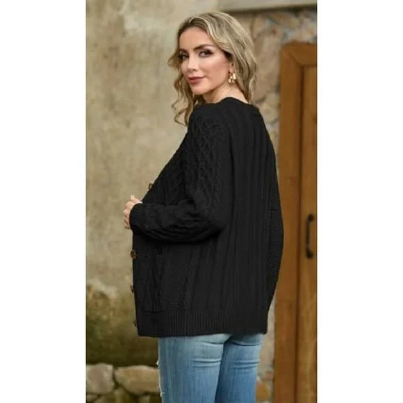 Long Sleeve Cable Knit Cardigan with Pockets, Loose Fit, 100% Acrylic - Picture 3 of 8